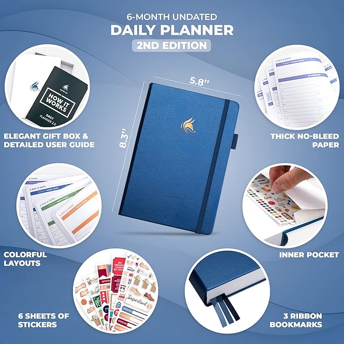 Clever Fox Daily Planner 2nd Edition – Undated Time Block Task Organizer with Hourly Schedule & to-do List – A5, 6 Months (Mystic Blue)