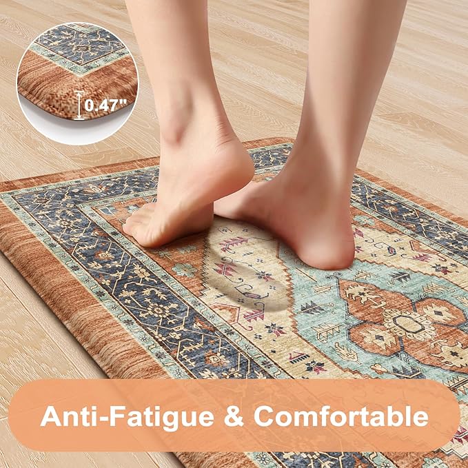 KIMODE Anti Fatigue Kitchen Mats 20"x39", Boho Vintage Kitchen Floor Mats Non Slip, Waterproof Kitchen Mats for Floor, Farmhouse Comfort Standing Mats for Laundry, Office, Sink, Desk Orange