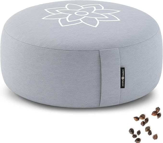 Mindful & Modern Large Meditation Cushion | Zafu Yoga Bolster Meditation Floor Pillow Seat | Buckwheat Hull Filled Crescent Shaped Cushion with Removable Washable Cover + Carry Handle