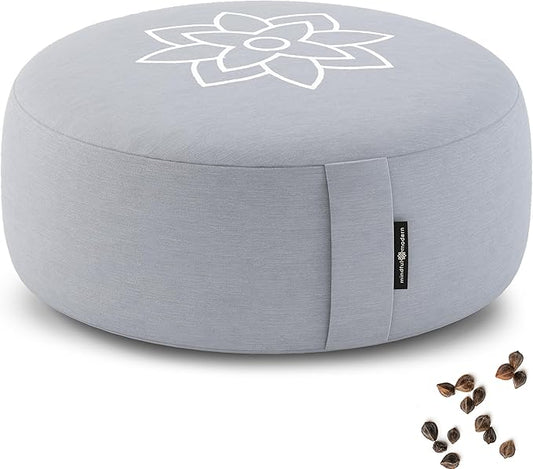 Mindful & Modern Large Meditation Cushion | Zafu Yoga Bolster Meditation Floor Pillow Seat | Buckwheat Hull Filled Crescent Shaped Cushion with Removable Washable Cover + Carry Handle