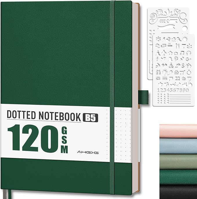 AHGXG Bullet Dotted Journal - Dot Grid Notebook Journal, 120 GSM Thick Acid-Free Paper, Large B5 Dotted Notebook 96 Pages, Leather Softcover, Inner Pocket, Journal Stencil, 7.6'' X 10'' - Green