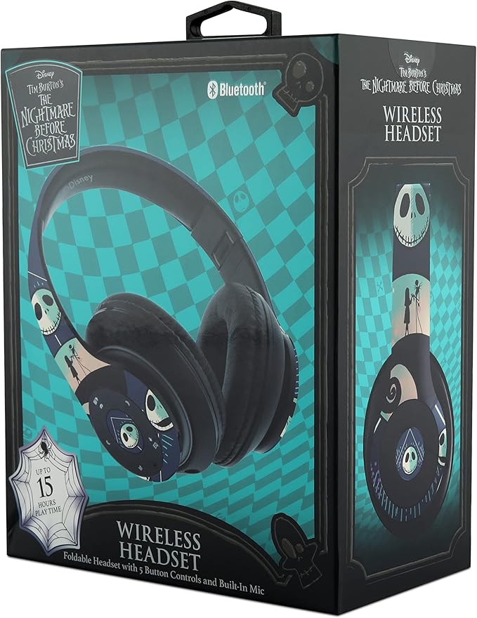 iJoy Disney Nightmare Before Christmas Bluetooth Over Ear Headphones, Wireless and Wired Foldable Headset Built-in Microphone - Tim Burton Jack Skellington & Sally - Adults Kids Audifonos Auriculares