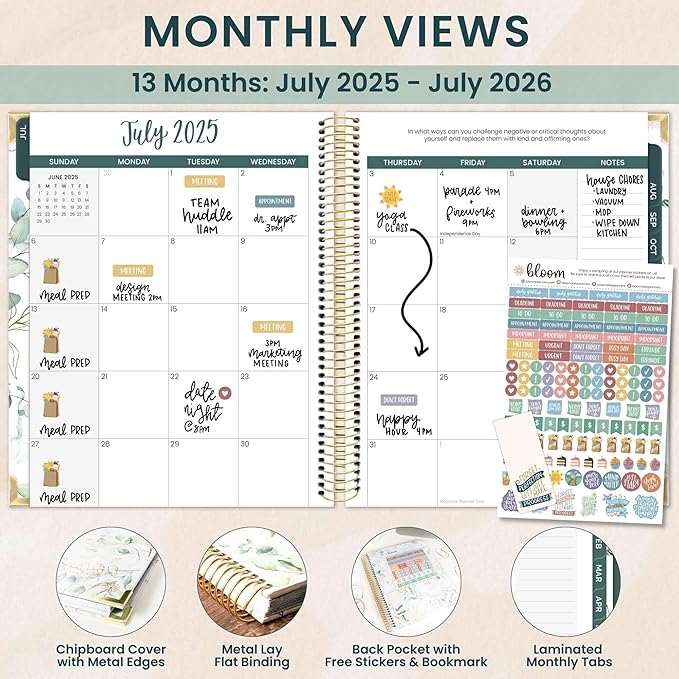 bloom daily planners 2025-2026 Hardcover Academic Year Goal & Vision Planner (July 2025 - July 2026) - Monthly & Weekly Calendar Agenda Organizer - 7.5" x 9" - Eucalyptus, White