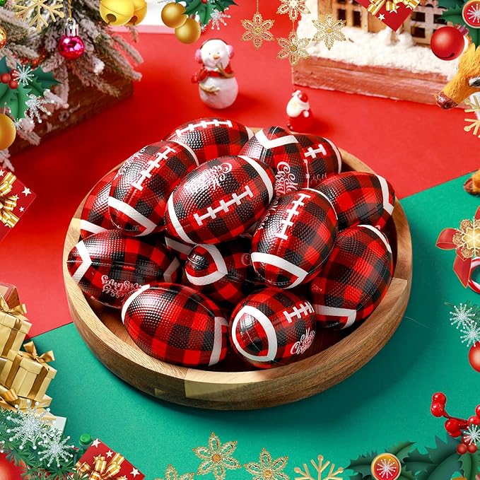 Jerify 24 Pcs Christmas Stress Ball Bulk, Mini Christmas Foam Football 3.35" Small Red Black Buffalo Plaid Relief Stress Ball for Xmas Carnival Party Favors Stocking Stuffer Filler Gifts