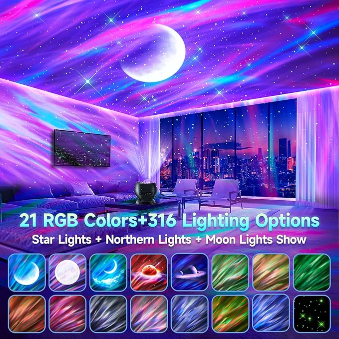 Galaxy Projector for Bedroom, 21Colors Northern Lights,15White Noise&Bluetooth Star Projector Galaxy Lights, Remote Ambient Lighting,Aurora Halloween Decor Christmas,Gifts for Kids,Adults