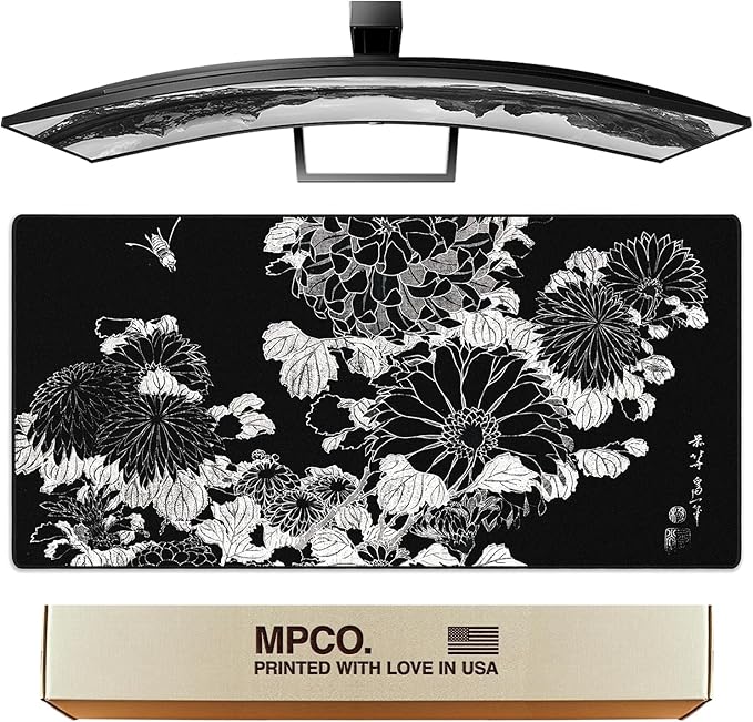 MPCO. Ukiyo-E Large Gaming Desk Pad - 36" x 17" Aeroglyde Fabric Chrysanthemums Desk Mats - Non-Slip, Washable, Smooth Glide for Precision Gaming & Work