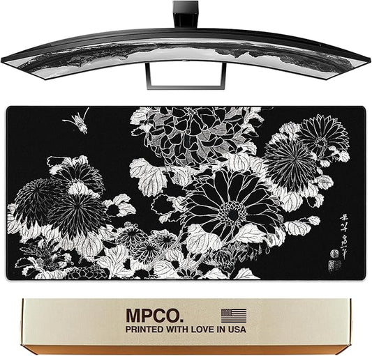 MPCO. Ukiyo-E Large Gaming Desk Pad - 36" x 17" Aeroglyde Fabric Chrysanthemums Desk Mats - Non-Slip, Washable, Smooth Glide for Precision Gaming & Work