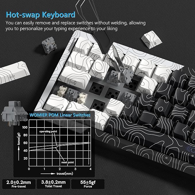 Womier Wireless Gaming Keyboard 60 Percent with QMK/VIA, Topographic Creamy Mechanical Key Board, RGB Custom Gasket Hot Swappable for Windows & Mac-POM Linear Switch (Q61)