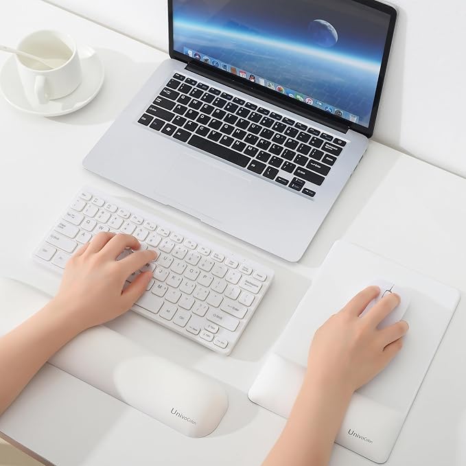 UnivoColors Design-Wave Set of Keyboad Wrist Rest & Mouce Pad,Artificial Sheepskin+Memory Foam+Ergonomic+Anti-Slip Gel, Resilience Support During Work and Gaming,Keyboard Accessory,White