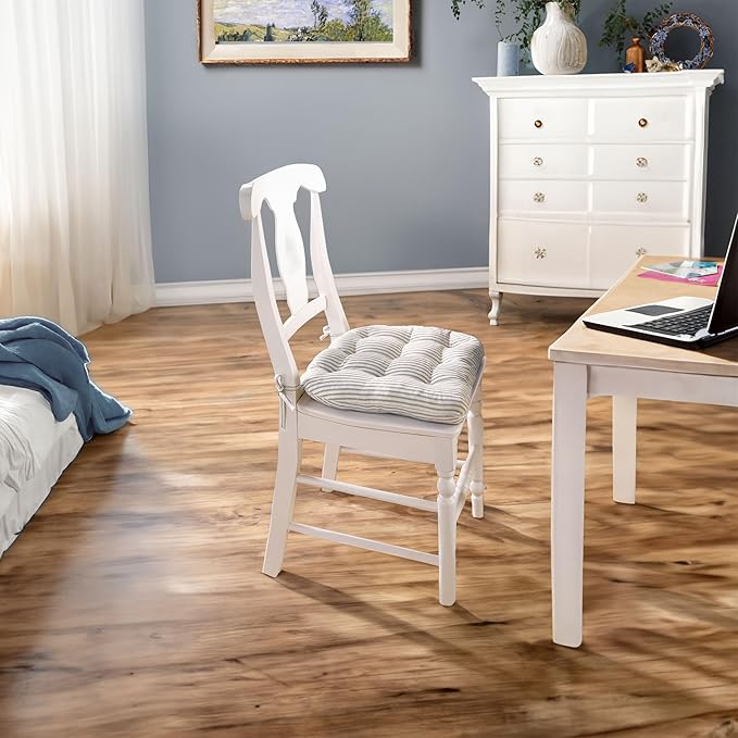 Barnett Home Decor Ticking Stripe Berlin Blue Dining Chair Pad with Ties - Size Medium Size 18 Chair Pad/Jumbo - Latex Foam Fill - Machine Washable, 100% Cotton, Made in USA (Light Blue)