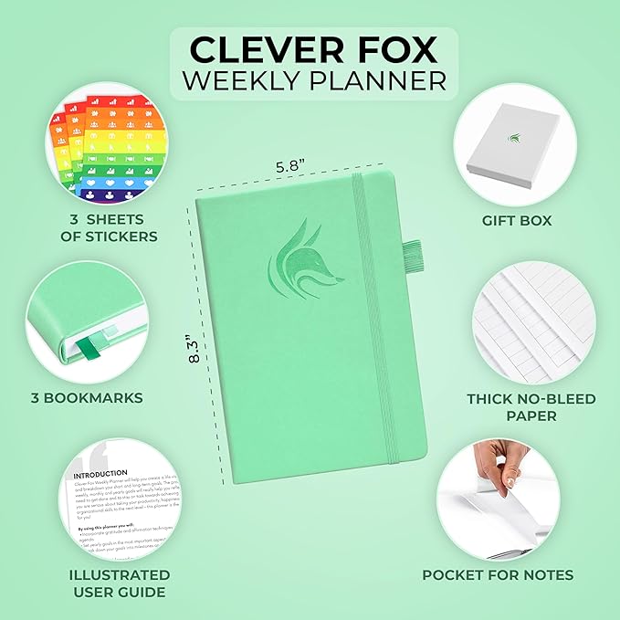 Clever Fox Planner – Undated Weekly & Monthly Planner for Productivity, Time Management & Goals – Organizer Journal – A5 (Mint)