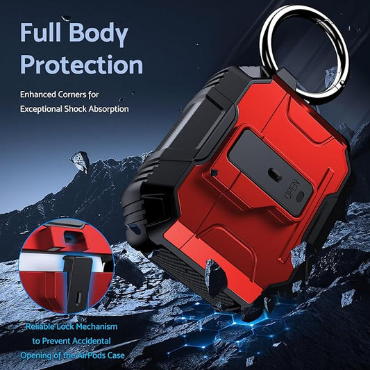 DASFOND Armor Earphone Cover Case for Airpods 4 Generation, Military Grade Full Body Shockproof Protection Hard Case, Support Wireless Charging with Keychain, Magnetic Lid, Front LED Visible, Red