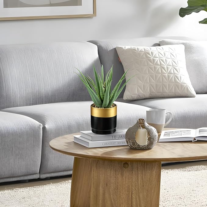 Briful Succulents Artificial Plants Realistic Agave Plant, Gold Black Metal Pot, Farmhouse Aloe Vera Fake Plants for Home Office Desk Bathroom Shelf Decorations