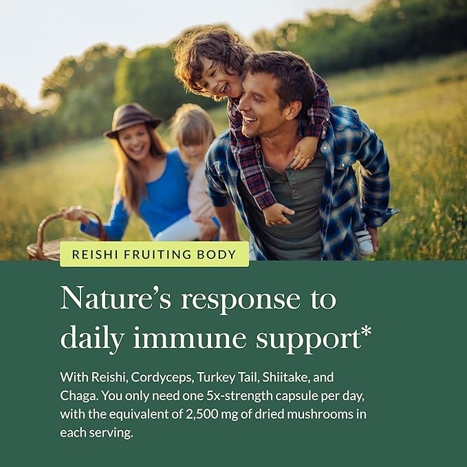 Gaia Herbs Immune Mushroom Blend - Immune Support Mushroom Supplement for Year-Round Health* - with Reishi, Cordyceps, Turkey Tail, Shiitake, and Chaga Mushrooms - 40 Vegan Capsules (40-Day Supply)
