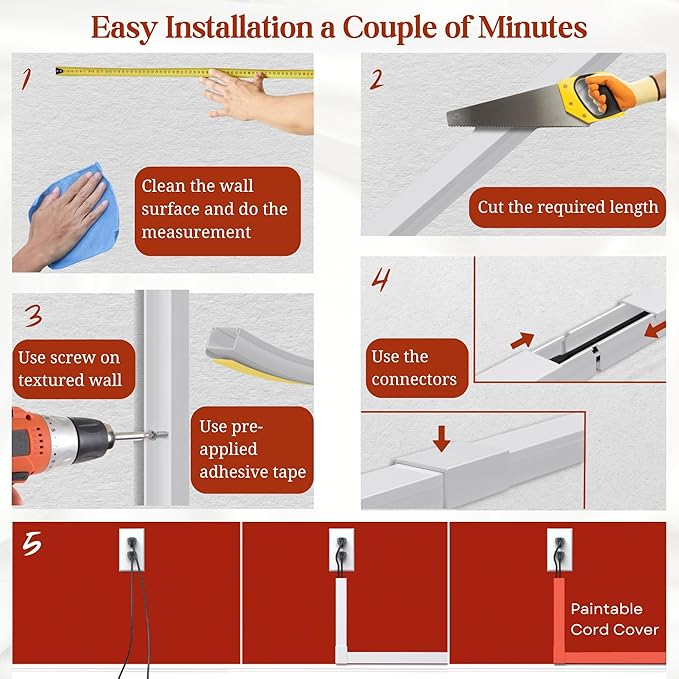 Cord Hider Wall Mounted TV - Wire Cover, Cord Covers, Cable Hider, 33 in Paintable White Raceway Kit, Hide Cords Wall Mount TV, Electrical Cords Concealer, Cable Management Channel, Wire Molding