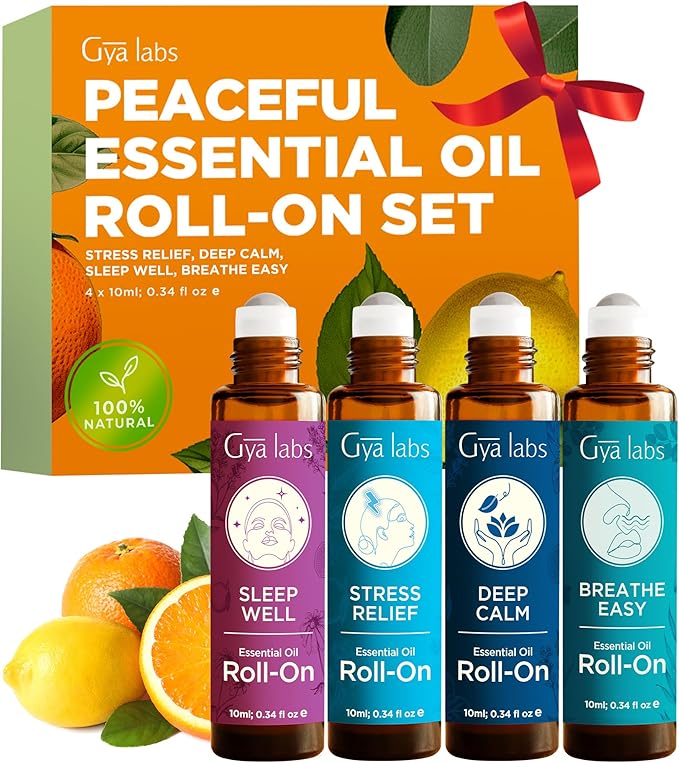 Gya Labs Peaceful Roll on Essential Oils Set - 100% Pure Natural Relaxing Gift for Women & Men - Blend for Calming, Refreshing, Stress Comfort, Aromatherapy Essential Oil Gift Set (0.34 Fl Oz Each)