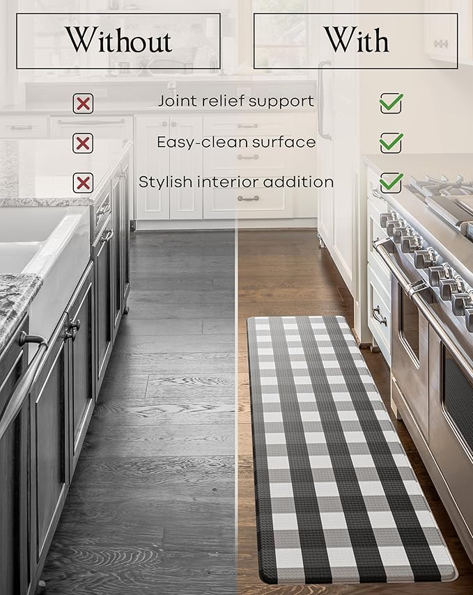 Anti-Fatigue Kitchen Mat Set – 2-Piece Memory Foam Cushioned Mats for Standing – Black & White, 18×30 & 18×60, 0.4 in Thick, Waterproof, Non-Slip – Homergy
