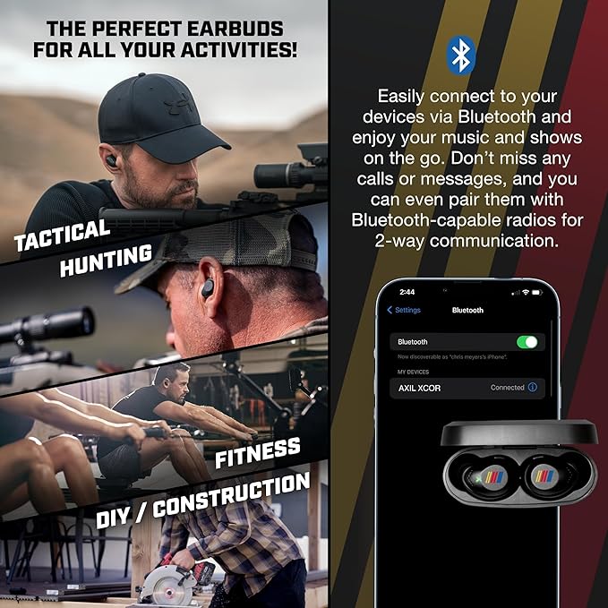 AXIL XCOR PRO NASCAR Wireless Earbuds Bluetooth — HearPRO Buds with Touch Control — Bluetooth Enhancement — Hearing Protection — Dust & Water Resistant — Wind Resistant True Wireless Earbuds
