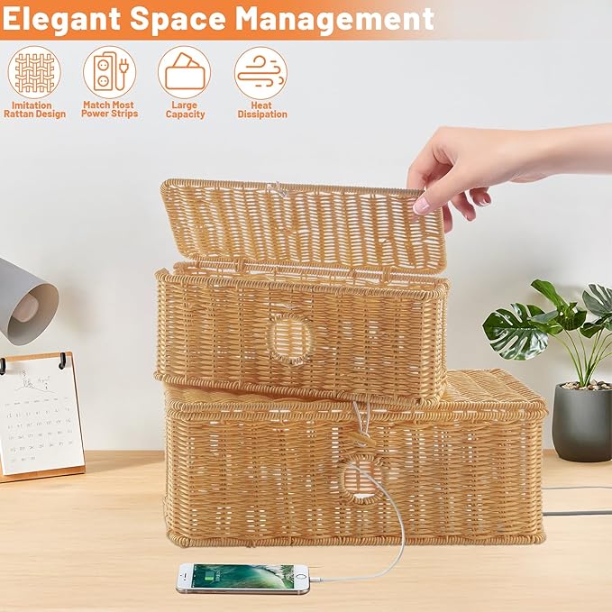 IHKFILAN 2 Pcs Handmade Cable Management Boxes Rattan Cable Organizer Large & Medium Cord Hider Organizer Boxes Power Strip Boxes Locked Cover with 2 Open Slots for Home and Workplace