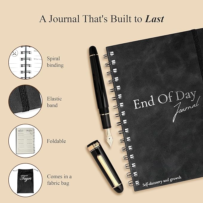 End of Day Journal – Day by Day Daily Gratitude Journal 2025 for Mindfulness, Happiness, Reflection, and Self Care, Undated Spiral Diary Gift for Women & Men