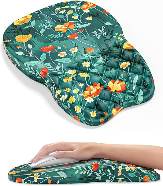 Auhoahsil Ergonomic Mouse Pad with Wrist Rest, Slope Computer Mouse Mat with Wrist Support, Memory Foam Filling, Non-Slip Silicone Base, Pain Relief, for Gaming & Work, 8 x 12 in, Green Flowers