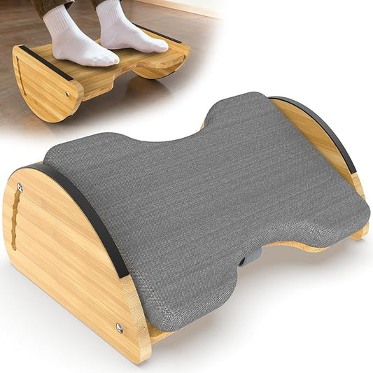Bamboo Foot Rest for Under Desk at Work - 3-in-1 Reversible Rocking Desk Footrest with Foam Cushion Pad and 6 Adjustable Heights, Ergonomic Foot Rest with Washable Cover for Home, Office and Gaming