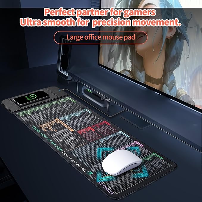 Wireless Charging Mouse Pad with Foldable Phone Stand &Excel Shortcut Keys 15W Qi Fast Charging Desk Mat XXL Non-Slip Surface for Gaming/Office, Compatible with Qi-Enabled Phones (31.5x11.8x0.16inch)
