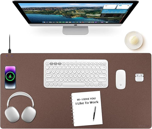 Wireless Charging Mouse Pad Firelison 2 in 1 Leather Multifunctional Office Desk Pad with Non-Slip Rubber Base, Waterproof Desk pad for Computers/Office/Work/Home/Decor（ 36" x 17"Brown - L）