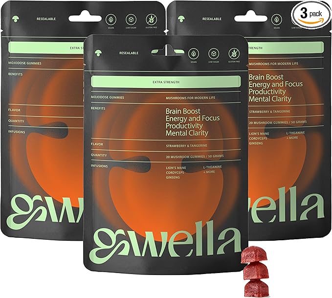 Gwella Focus Gummies with Lion’s Mane, Panax Ginseng, Ginger Root, Cordyceps, SAM-e, and Nootropics, Energy and Focus Supplement, Vegan, Strawberry Tangerine (20 Count - Pack of 3)