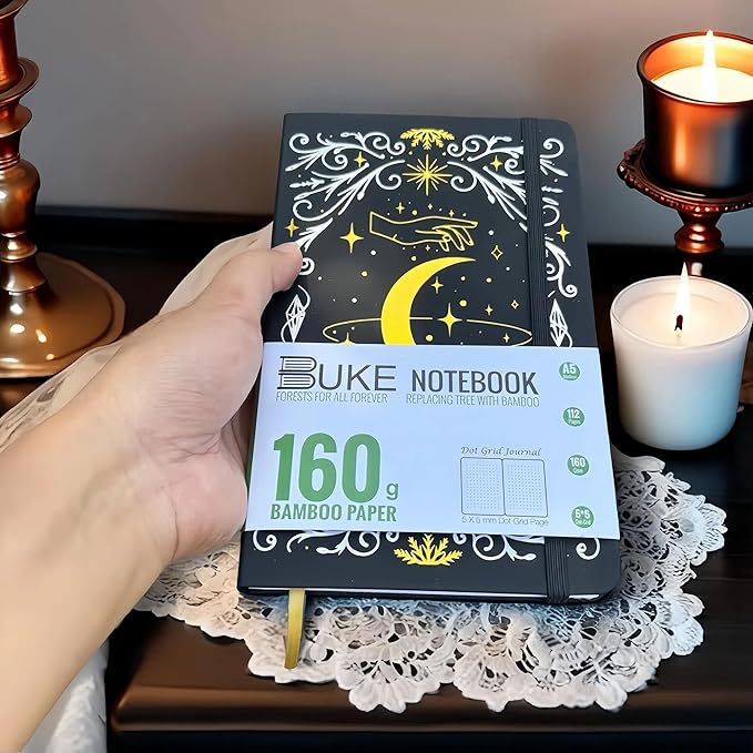 BUKE A5 Dotted Journal – 160gsm Ultra Bamboo Paper, Moon & Star Foil Cover, Flat Lay Notebook with Gift Box – 160 Pages, 5mm Dot Grid, Faux Leather Hardcover (Black)