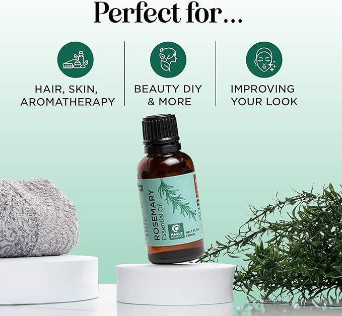 Pure Rosemary Oil for Hair Skin and Nails - 100% Pure Undiluted Rosemary Essential Oil with Dropper for Topical Uses Aromatherapy Diffusing and Home and Beauty DIYs - Vegan and Cruelty Free (1 Fl Oz)