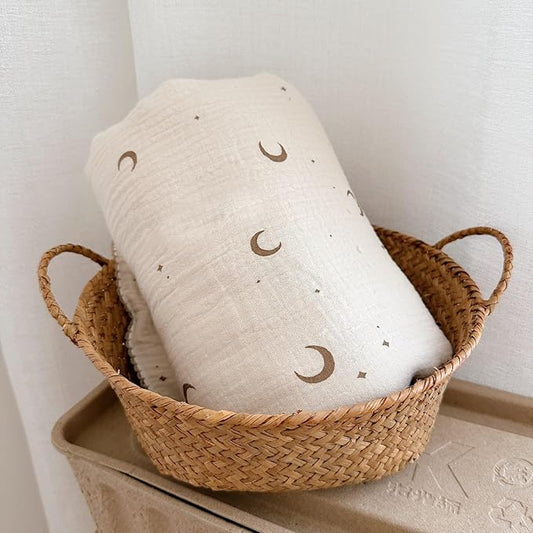 BuLuTu 100% Cotton Toddler Blankets Soft Breathable Crib Blanket for Infant Baby Girls Boys, Ultra Lightweight Muslin Baby Nursery Blankets,Moon Pattern,47"x51"