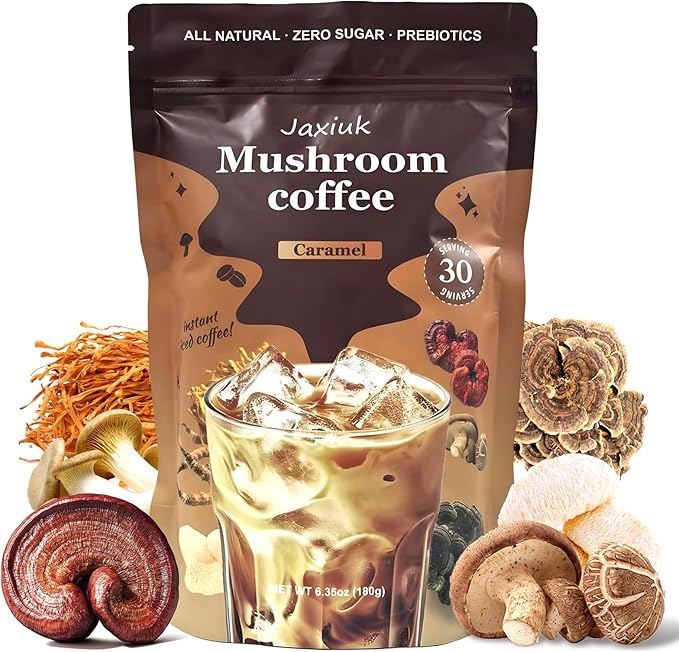 2025 NEW Mushroom Coffee, Organic 6 Mushrooms with Lion's Mane, Reishi, Cordyceps, Shiitake, King Trumpet & Turkey Tail, Instant Coffee Powder, 30 Servings 1 Pack
