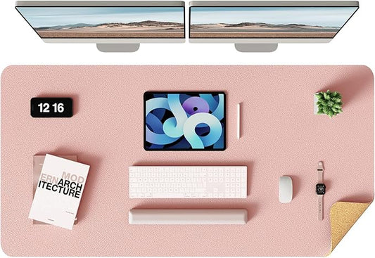 YSAGi Double-Sided Desk Pad, Leather Desk Mat, Eco Cork Desk Pad Protector, Large Mouse Pad for Desk, Waterproof Desk Blotter Pad, Desk Writing Pad for Office Work/Home (Pink+Cork, 47.2" x 23.6")