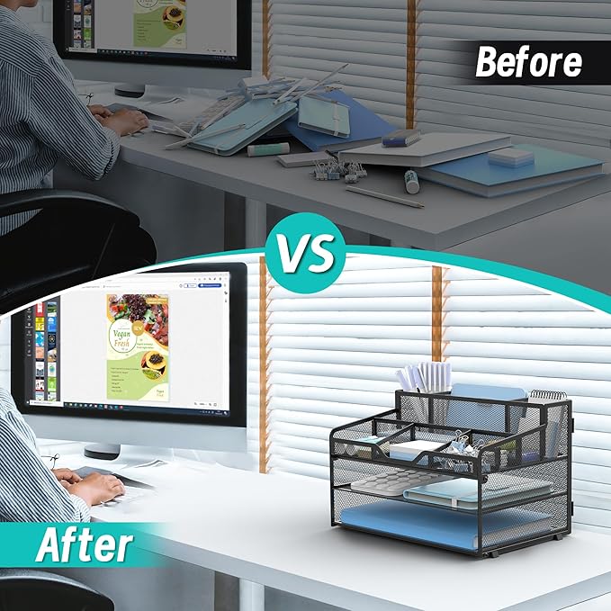 OrgMate 3 Tier Mesh Desk Organizer,Multi Functional Letter Paper Tray with 3 Pen Holders and 5 Adjustable Storage Compartments for Office Supplies Files and Mail Space Saving Desktop Organizer-Black