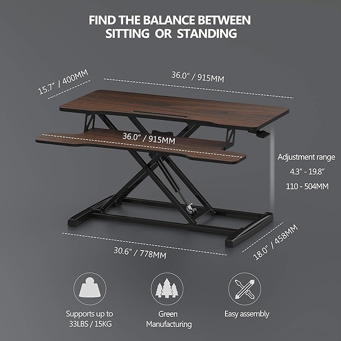FITUEYES Height Adjustable Standing Desk 36” Wide Sit to Stand Converter Stand Up Desk Tabletop Workstation for Laptops Dual Monitor Riser Brown SD309102WE