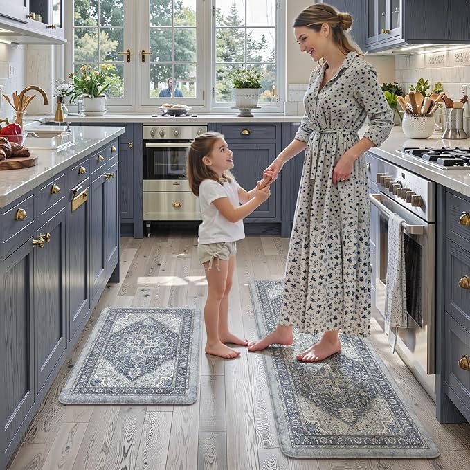 KIMODE Anti Fatigue Kitchen Mat, Cushioned Kitchen Mats for Floor 2 Piece, Boho Vintage Kitchen Rugs, Comfort Foam Standing Desk Mat for Laundry, Office, Sink Navy Blue 17"x47"+17"x29"