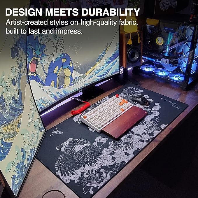 MPCO. Ukiyo-E Large Gaming Desk Pad - 36" x 17" Duraglyde Fabric Chrysanthemums Desk Mats - Washable, Smooth Glide for Precision Gaming & Work