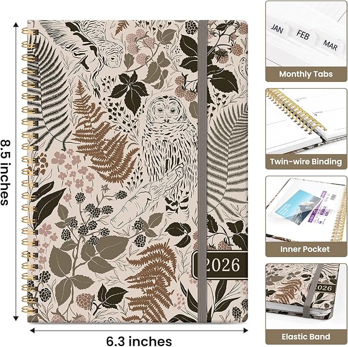 2026 Planner, Monthly and Weekly Calendar Planner for Women, January 2026 - December 2026, Hardcover Pretty 2026 Agenda Planner Book with Tabs, Spiral Bound, Perfect for School Office Home Supplies, 6.3" x 8.5" - Magical Forest
