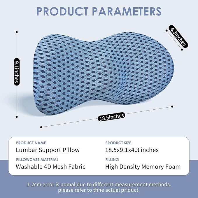 Lumbar Support Pillow Ergonomic Memory Foam, Relieve Back Pain, CMFY Breathable & Detachable & Washable, Perfect for Office Chairs, Car Seats, Beds (Blue)