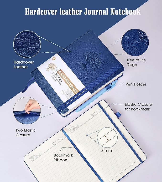 Lined Journal Notebook -365 Pages A5 Thick Journals Writing College Ruled Notebook,Hardcover Leather Journal,Daily Notebook Work,Note Taking,100Gsm Lined Paper( 5.75'' X 8.38'' Darkblue)