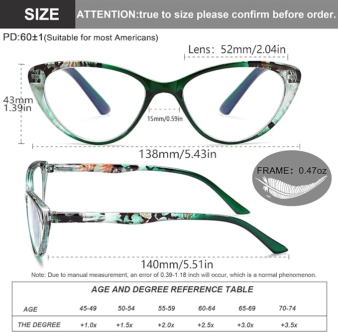 EYEURL Cat Eye Reading Glasses for Women, 2 Pack Blue Light Blocking Readers for Ladies Spring Hinge Fashion Pattern +0.75 Magnification Anti Eyestrain UV Protection