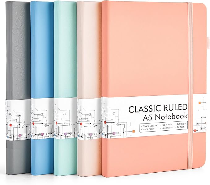 feela 5 Pack Notebooks Journals Bulk, Hardcover Classic Ruled Lined Journals with Pen Holder for Women Girls School Business Supplies, with 5 Black Pens, 120 GSM, 5.1”x8.3”, A5, Mild Colors