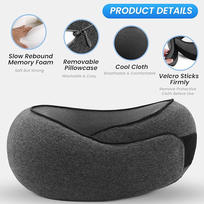 Badink® Memory Foam Neck Travel Pillow, Neck Pillow Airplane with MagicStrap – Adjustable Ergonomic Travel Pillow for Office/Airplane/Car, Washable Cover, Portable Cervical Support （Darkgrey）