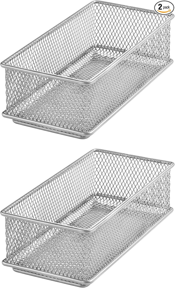 YBM HOME Silver Mesh Drawer Cabinet and or Shelf Organizer Bins, School Supply Holder Office Desktop Organizer Basket (2, 3x6x2 Inch)