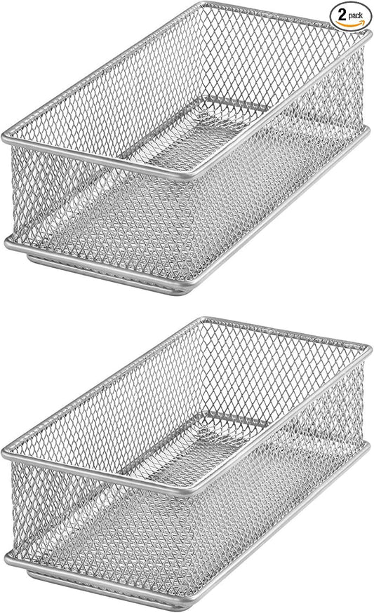YBM HOME Silver Mesh Drawer Cabinet and or Shelf Organizer Bins, School Supply Holder Office Desktop Organizer Basket (2, 3x6x2 Inch)