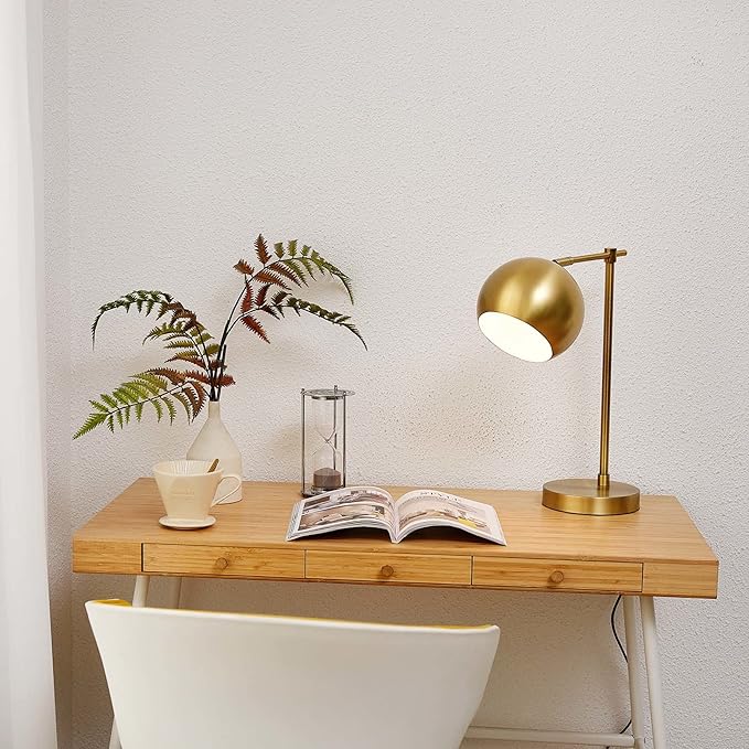 GLOBE Electric 52915 Molly 18" Desk Lamp, Matte Brass, Black Fabric Cord, in-Line On/Off Rocker Switch, Title 20 LED Bulb Included