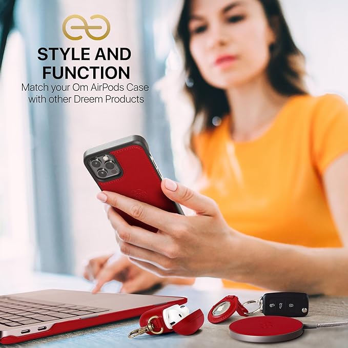 Dreem Om Case Cover with Keychain Clip Compatible with AirPods Pro 2/Pro, Protective One-Piece Hard Shell, Luxury Vegan Leather AirPod Pro Case 2nd/1st Generation with Separate Clip [Red]