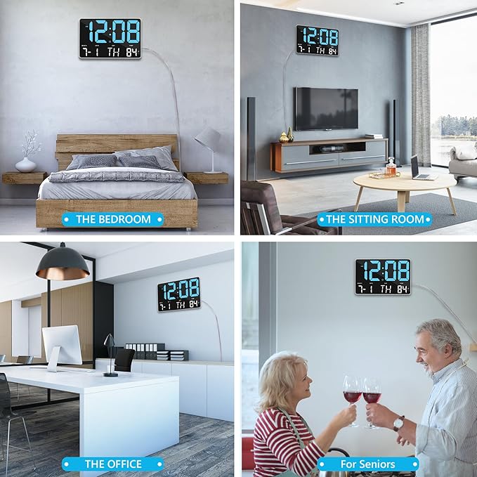 Amgico Digital Alarm Clock with Snooze, Temperature, Auto Dimming, 11.5" Large Display Calendar, Desk/Wall Clock for Bedroom, Living Room, Office, Home, Classroom, Kids, Elderly - Blue