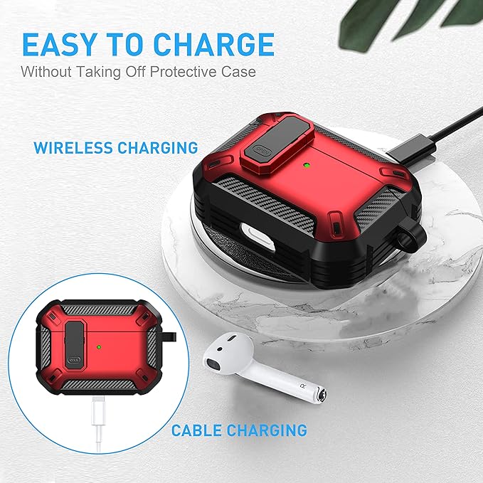 Maxjoy for AirPods Pro Case Cover with Lock, AirPods Pro 1st Generation Case for Men Military Rugged Protective Cover with Keychain Compatible with Apple AirPod Pros 2019 Front LED Visible, Red